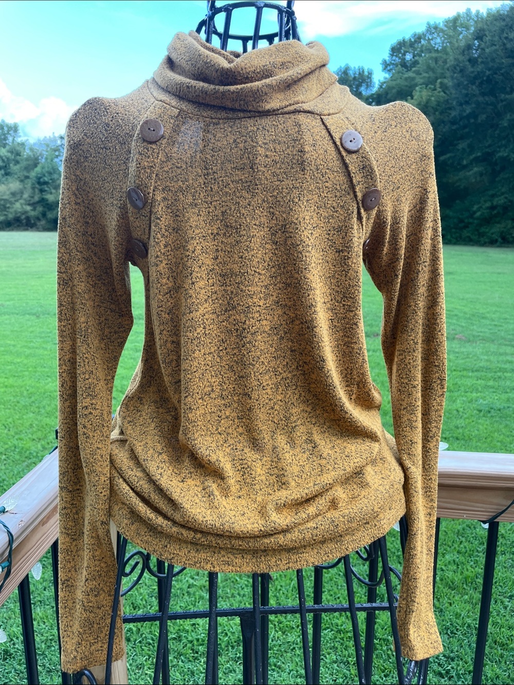 Button-Accent Funnel Neck Sweater in Mustard